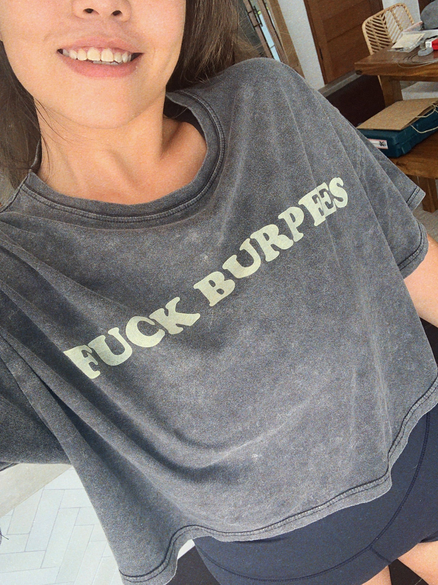Fuck burpees oversized cropped tee