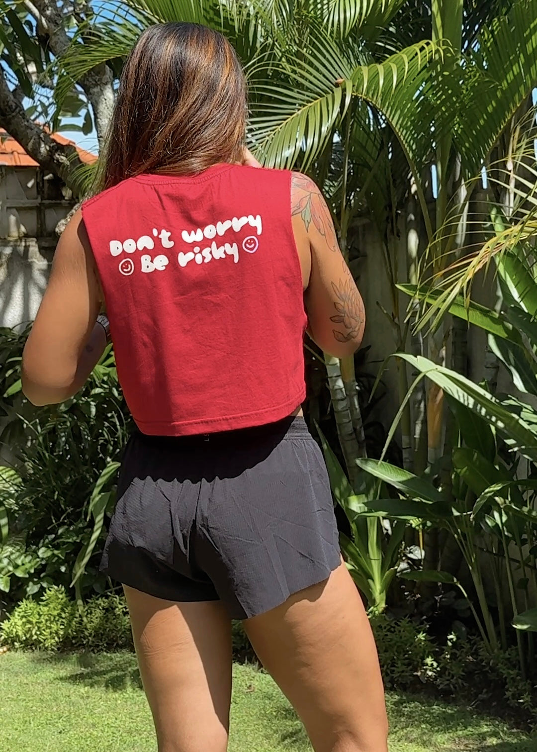 Don't worry be risky cropped muscle tank